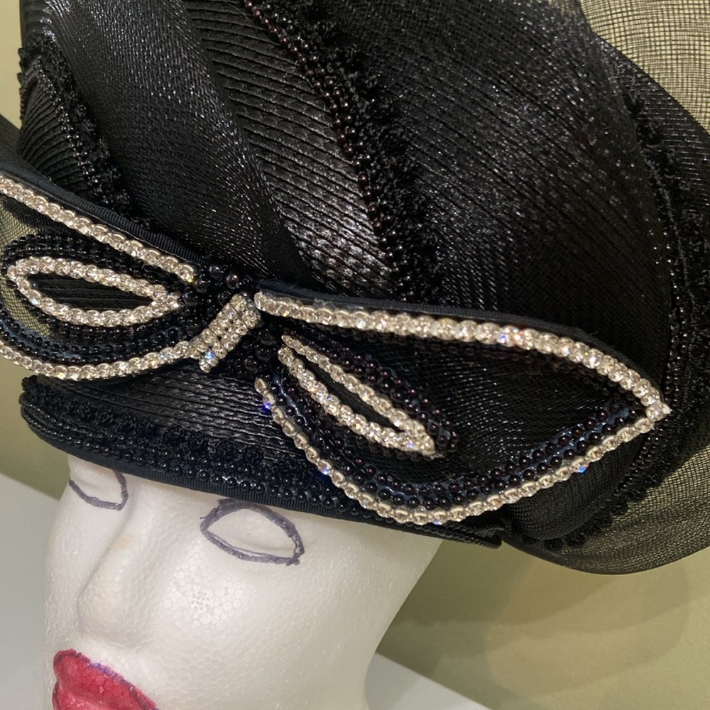 Black Decorative Ladies Dress Hat with Rhinestone Bow - Picture 7 of 8